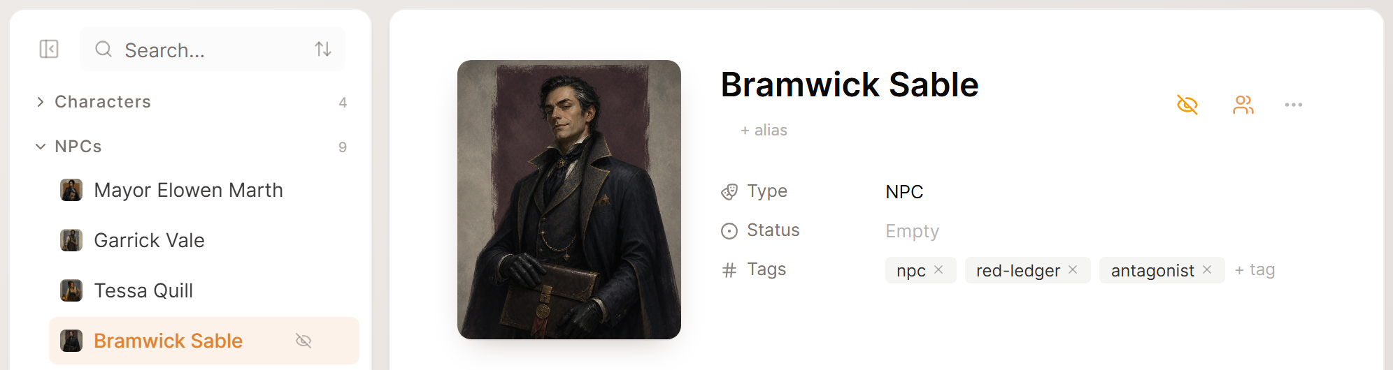 Bramwick Sable's page in World set to Hidden from wiki, with a crossed-out eye beside his name in the sidebar.