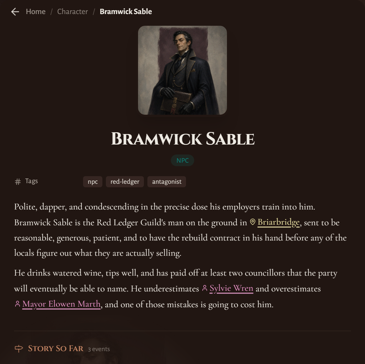 Bramwick Sable's page on the campaign wiki as a player sees it, with his description and no GM notes.