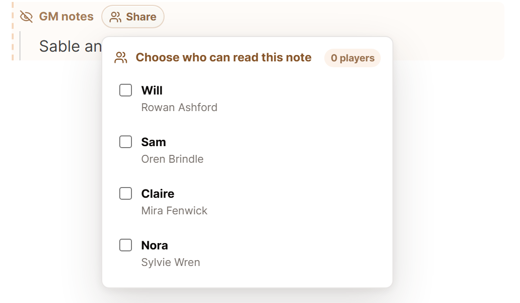 The Choose who can read this note panel on a GM notes block, listing each player with the character they play.