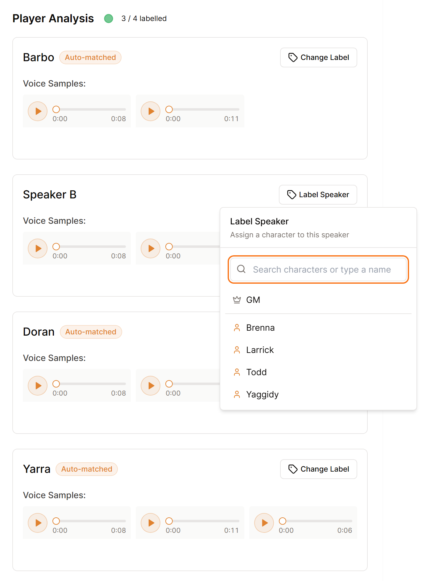 Player Analysis with 3 of 4 voices labelled and Auto-matched, and the Label Speaker menu open on the unlabelled voice.
