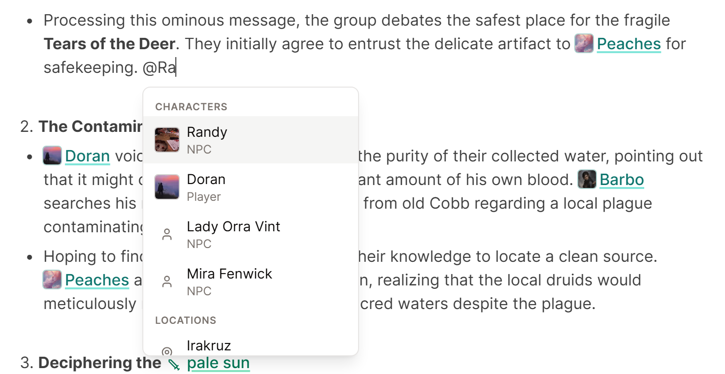 Typing @ and the first letters of a name in a session summary lists the matching characters and locations.