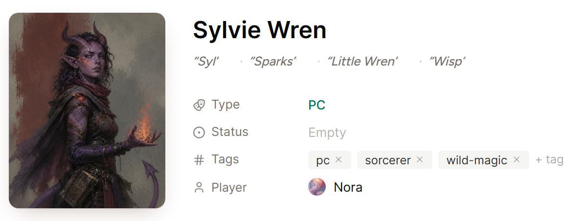 Sylvie Wren's page in World, with the Type row reading PC and her player, Nora, on the Player row.