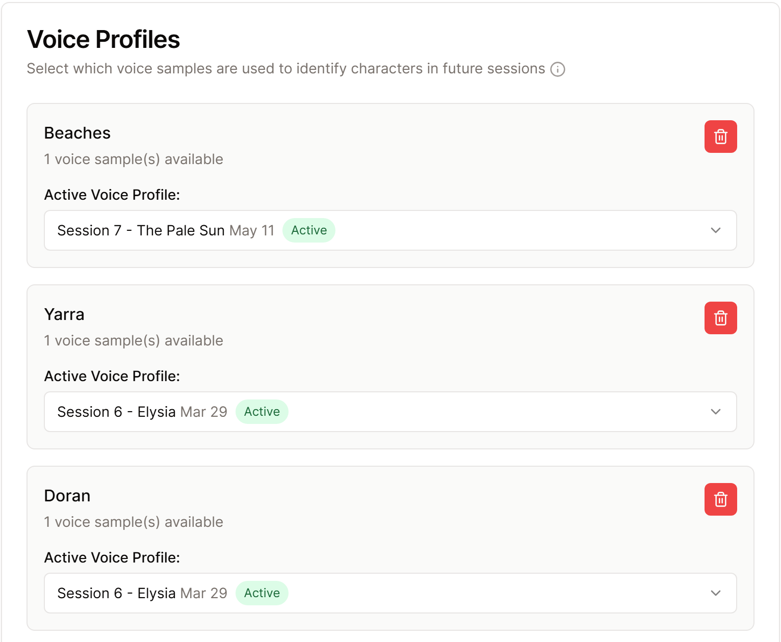 Voice Profiles in Processing settings, with a profile for each regular player.