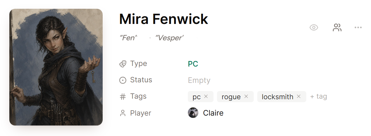 Mira Fenwick's page in World, with her other names, Fen and Vesper, under her name.