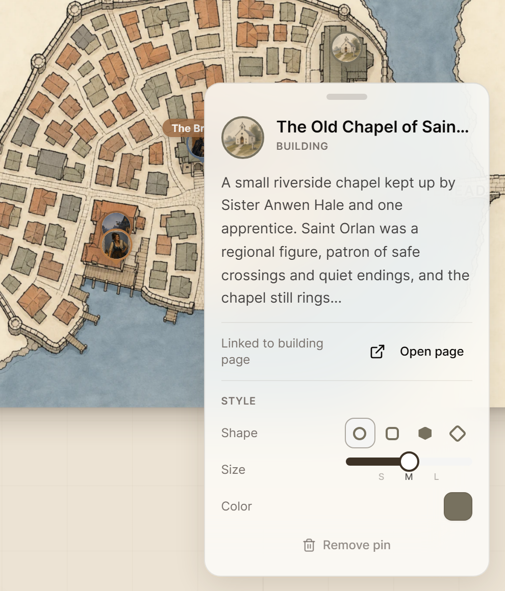 A pin card open on a town map, with the linked page's picture, the start of its description, Open page and the Style controls.