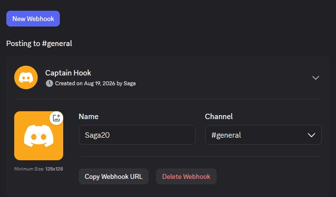 A Discord webhook named Saga20, with the Copy Webhook URL button.
