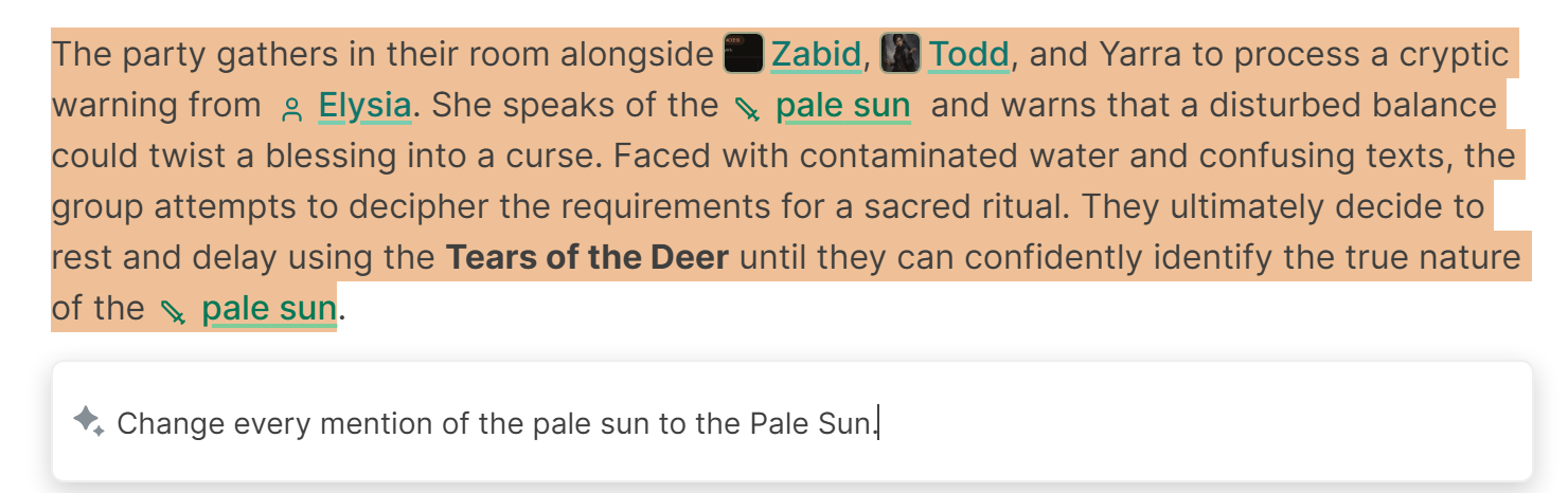 The Quick Edit box open under a selected paragraph of a session summary, with an instruction typed in.