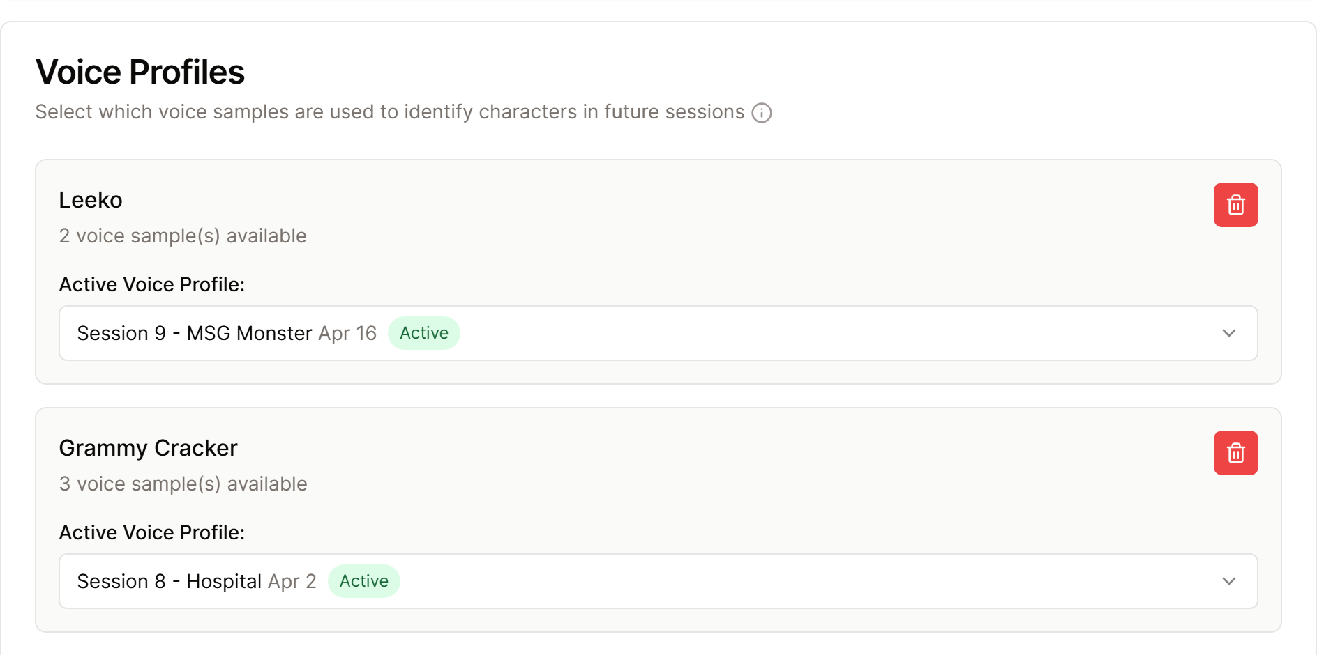 The Voice Profiles card listing characters, each with its active voice profile.