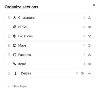 The Organize sections panel in Saga20 listing built-in and custom sections.