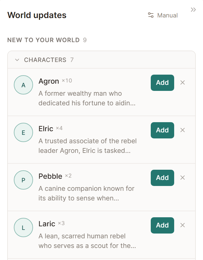 The World updates panel with New to your world open, each new character listed with Add and a cross.