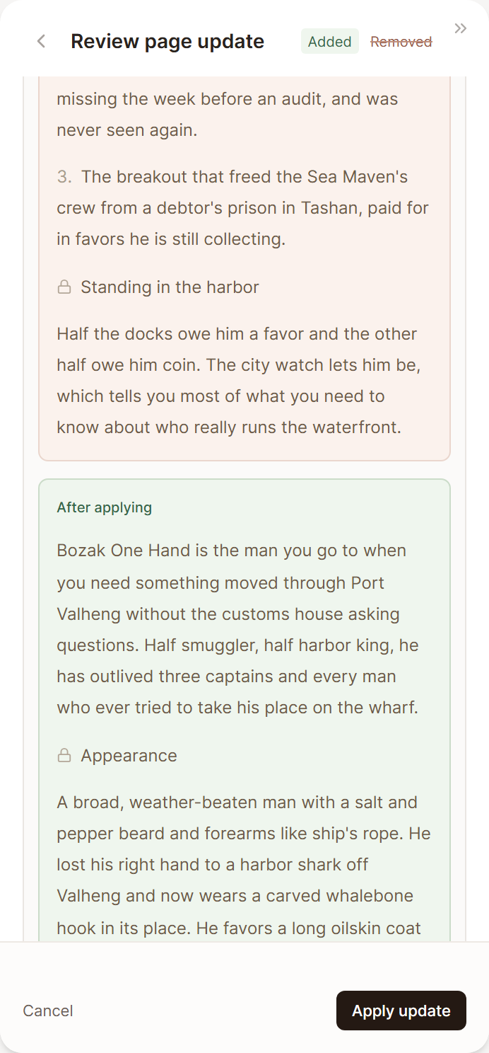 The Review page update view showing the current page and the page after applying, with Apply update at the foot.
