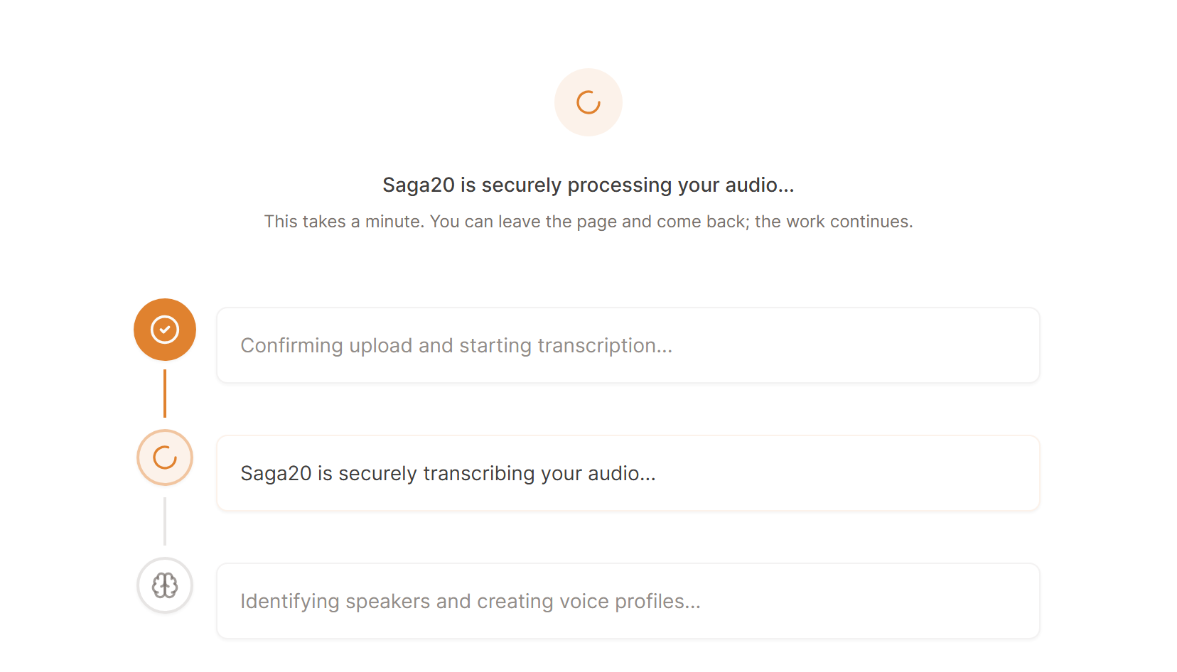 A session whose upload is complete and whose recording is being transcribed, with speaker processing still to come.