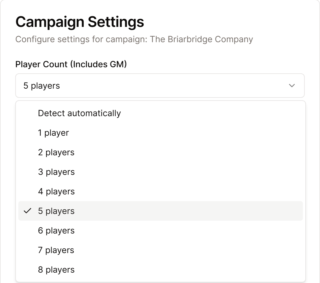 The Player Count menu in Campaign Settings, set to 5 players.