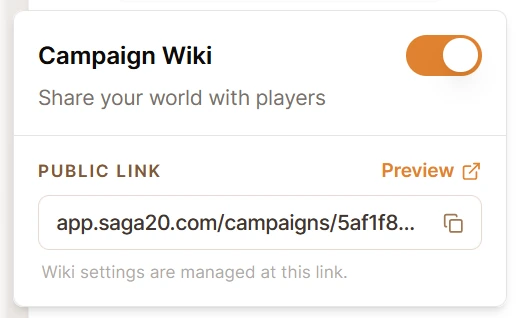 Turn on the Saga20 campaign wiki and copy the public link.