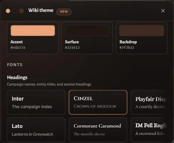 Set the three colour roles and pick a heading font for a Saga20 campaign wiki.