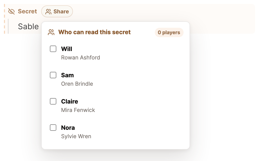 The Who can read this secret panel on a Secret, listing each approved player with the character they play.