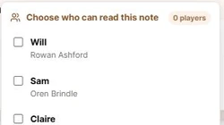 The Saga20 share panel listing approved players for a DM note.