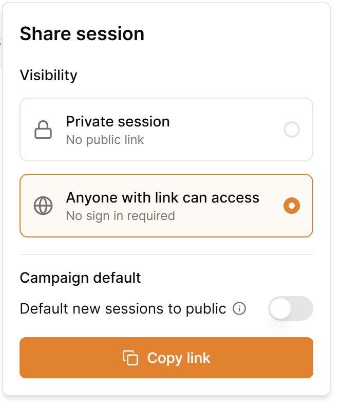 The Share session panel with Anyone with link can access selected, Default new sessions to public below it, and Copy link.