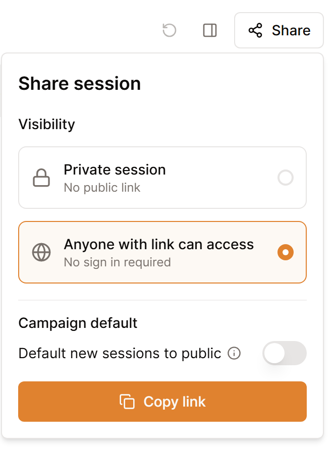 The Share session panel with Anyone with link can access selected and the Default new sessions to public switch below it.