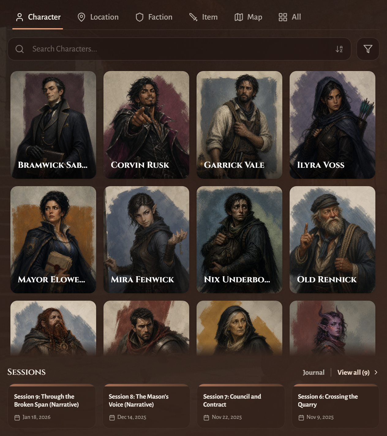 A campaign wiki as a signed-out visitor sees it, with character portraits, section tabs and the Sessions shelf with Journal and View all.