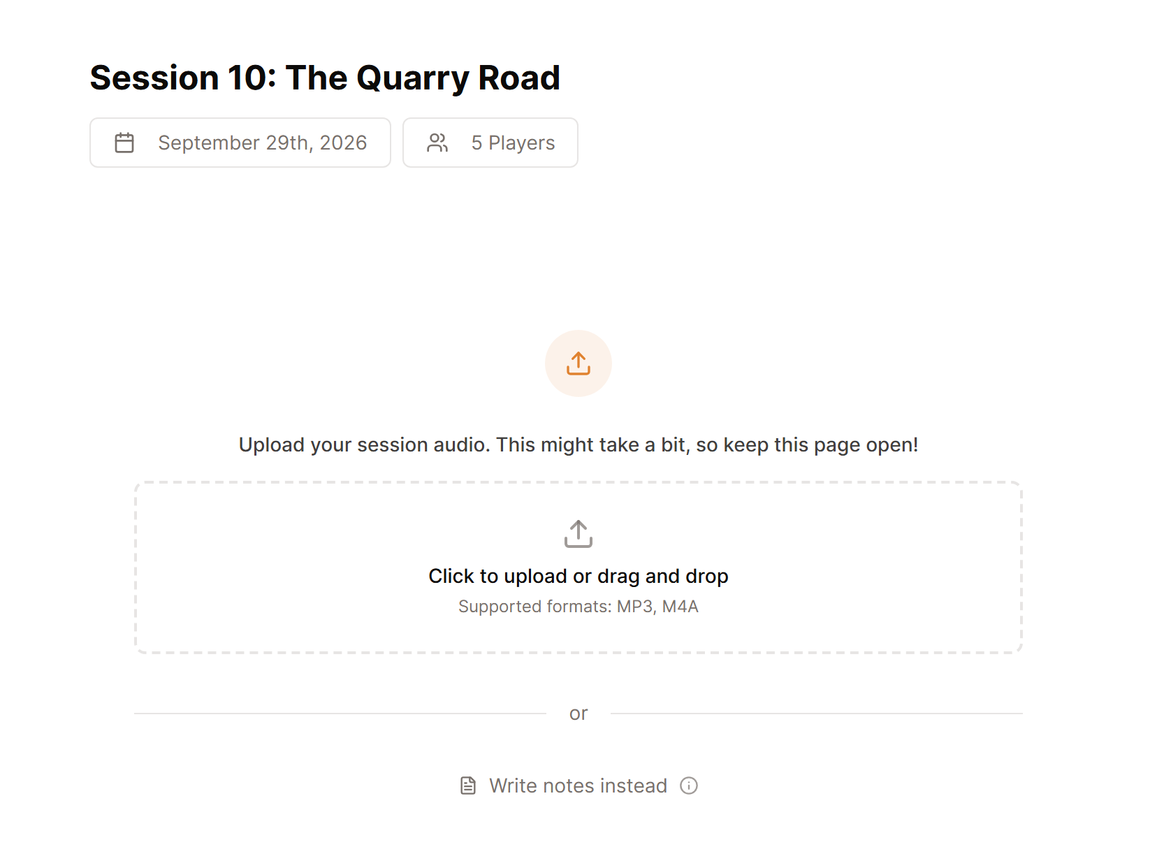 A new session page with its title, date, Players button and the upload area.