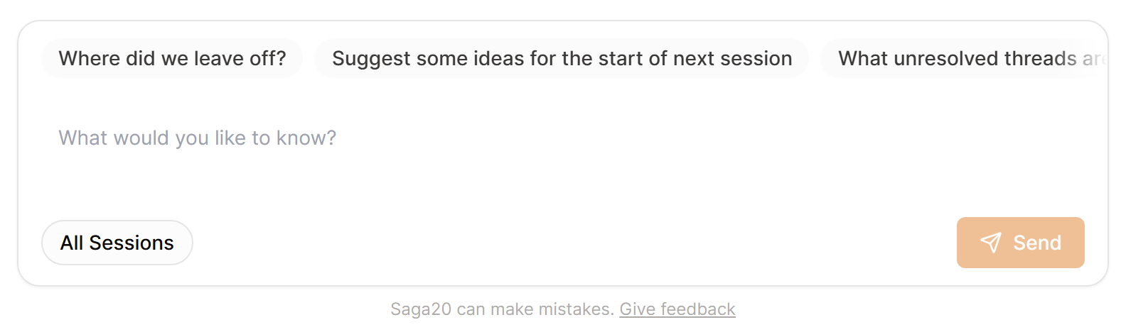 The Campaign Chat question box with suggested questions above it and All Sessions beside Send.
