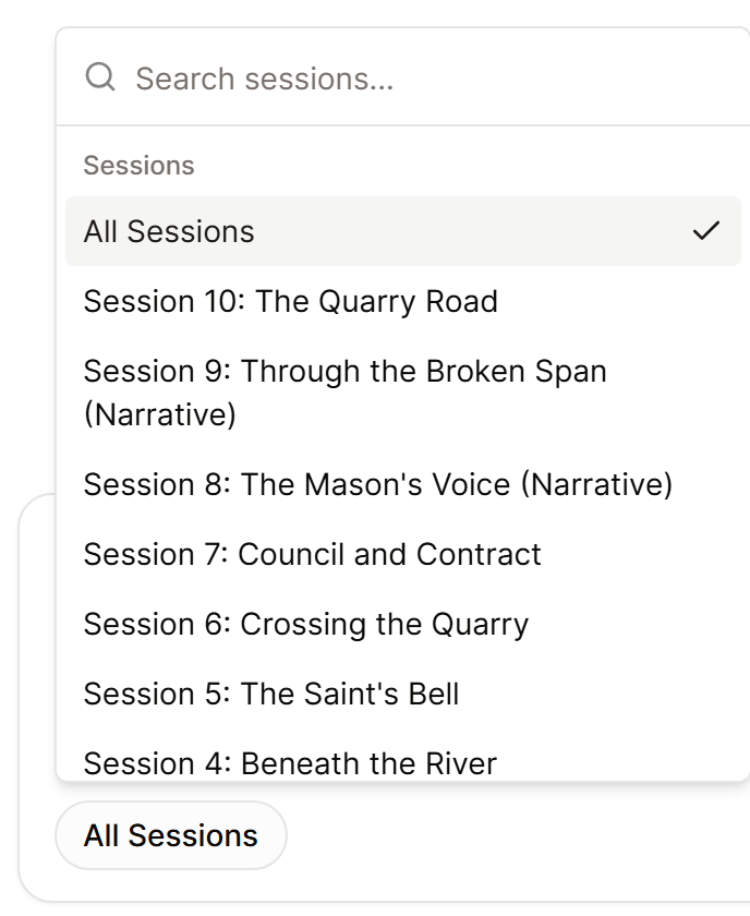 The session menu in Campaign Chat, opened from All Sessions and listing the campaign's sessions by title.