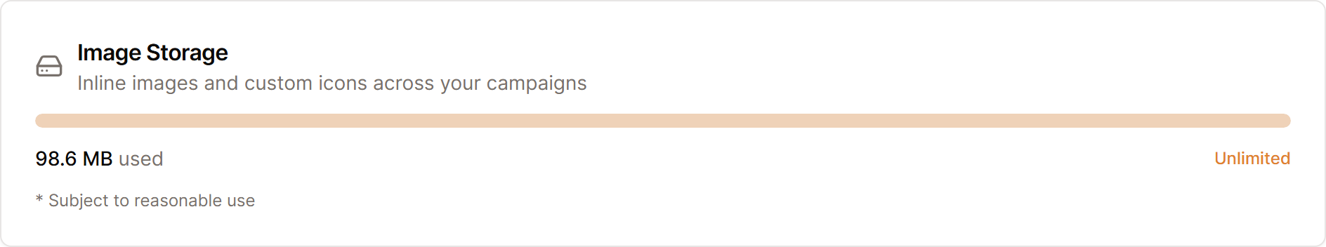 The Image Storage card with its line Inline images and custom icons across your campaigns and the usage bar.