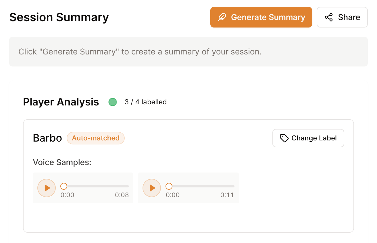 The Generate Summary button beside the Session Summary heading, with the note that points to it and Player Analysis below.