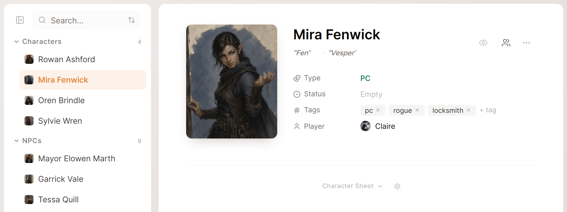 The World Builder with the party under Characters and Mira Fenwick's page open beside her portrait.