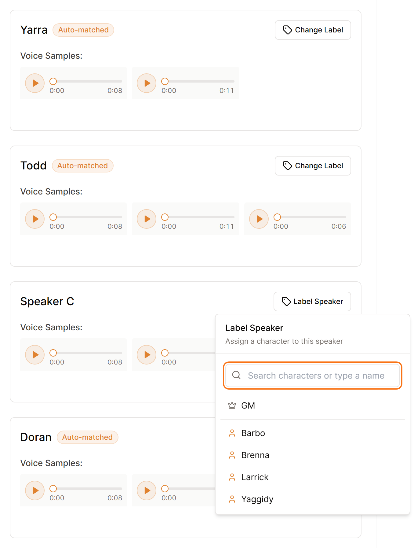 Player Analysis with Yarra and Doran marked Auto-matched and the Label Speaker menu open on an unnamed voice, listing the player characters.