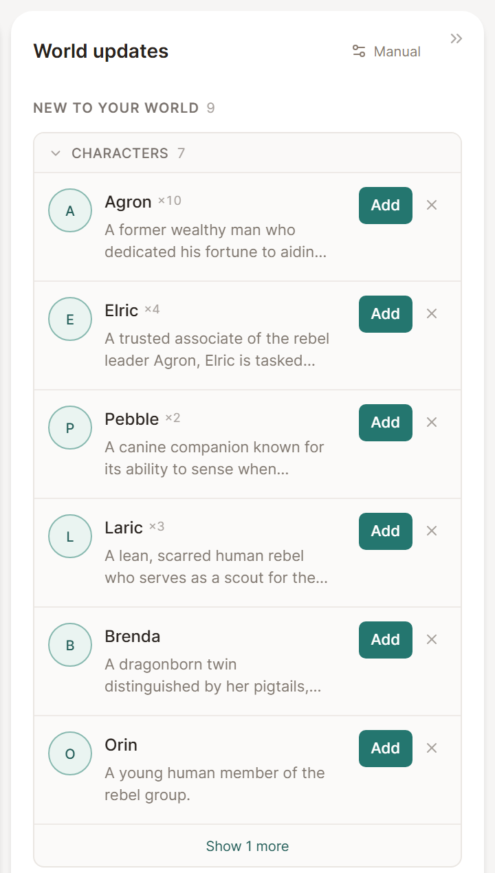 The World updates panel with new characters waiting under New to your world, each with an Add button.