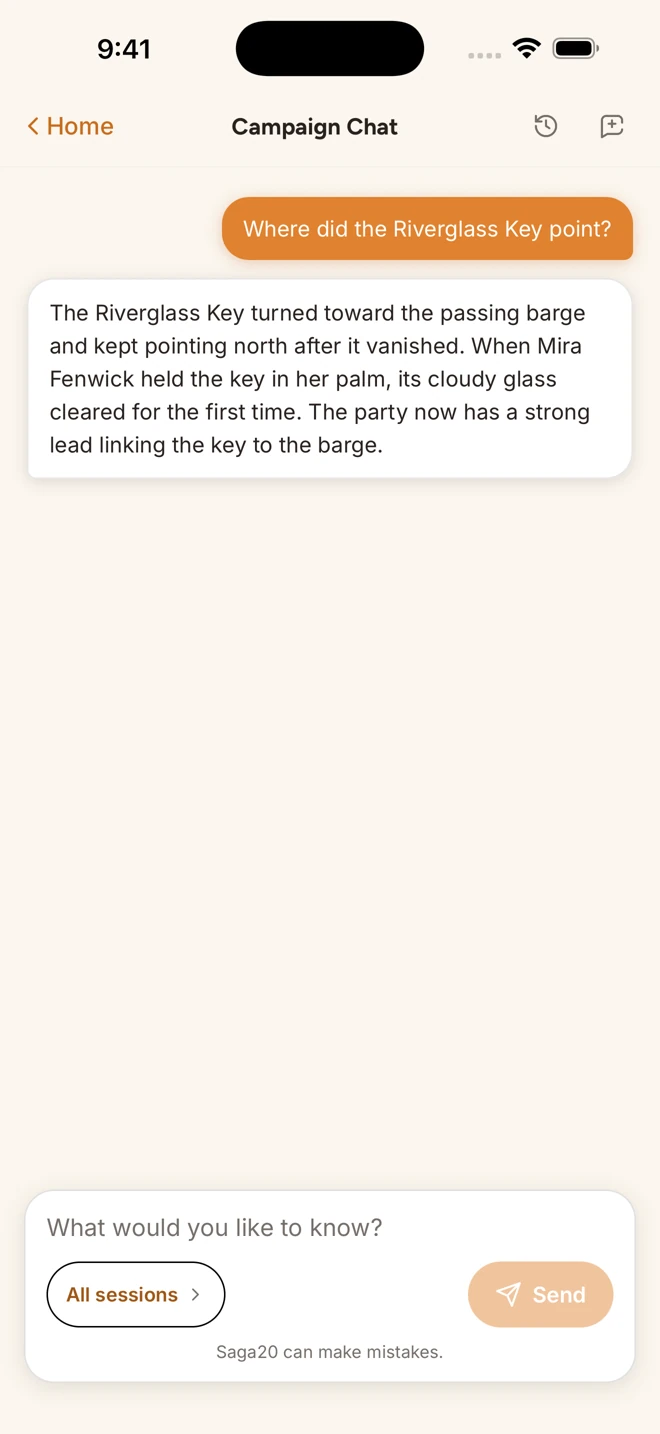 Campaign Chat answering where the Riverglass Key pointed, using the party's session