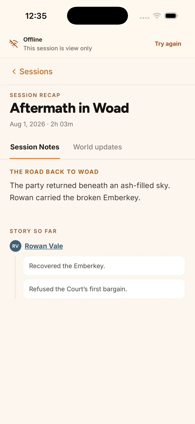Saved Session Notes with the Offline banner and This session is view only message