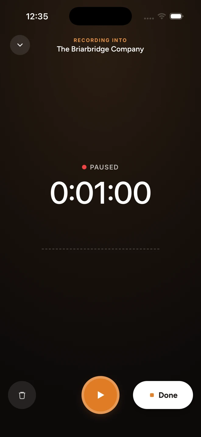 The iPhone recorder paused at one minute, with resume and Done controls