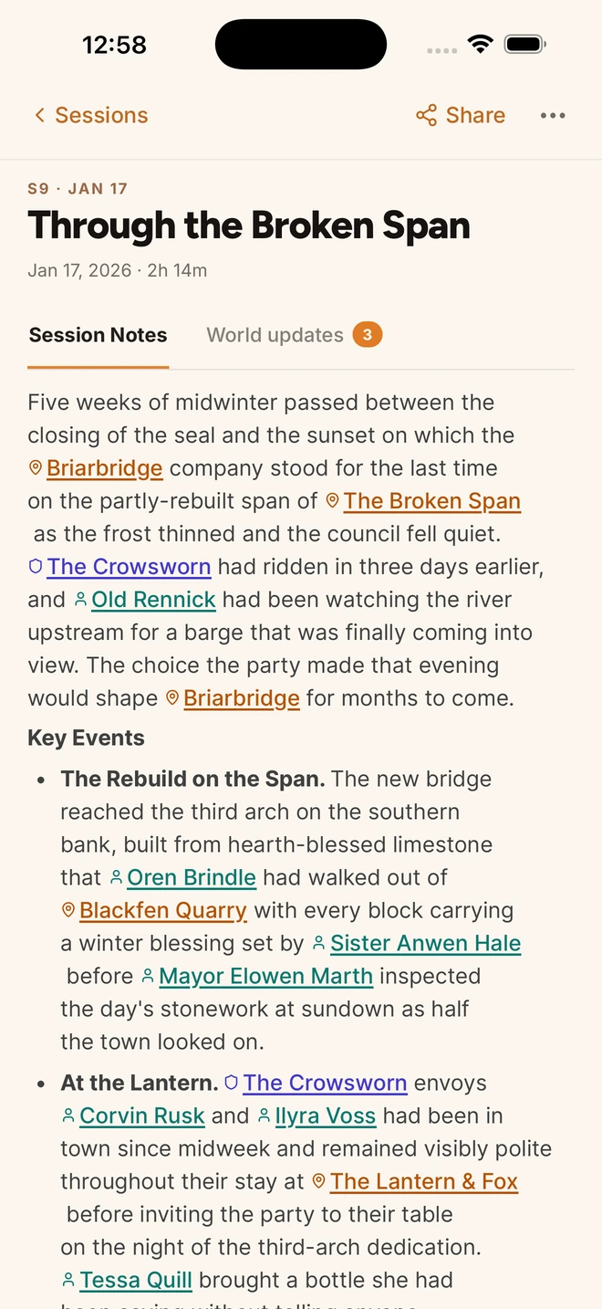 Editable Session Notes for Through the Broken Span, with linked characters and locations