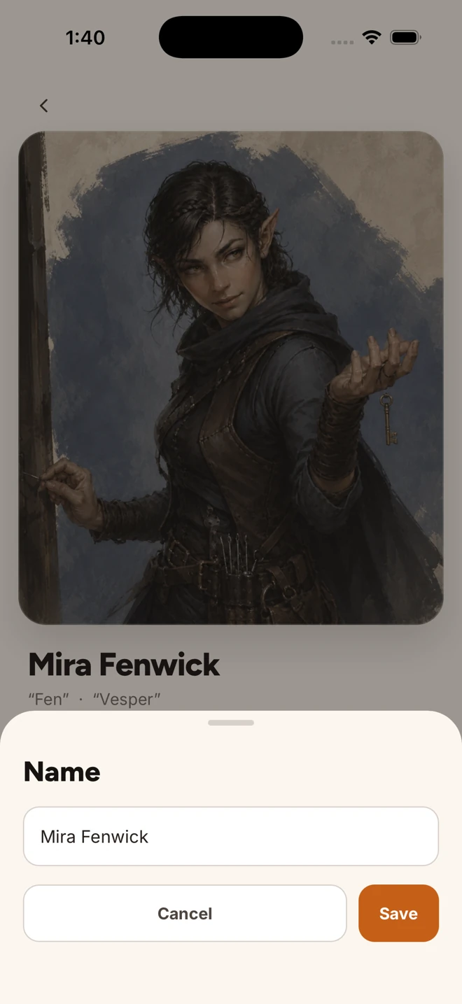Editing Mira Fenwick's name in the iPhone app, with Cancel and Save controls