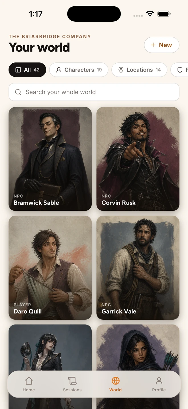 World gallery showing the campaign's characters and category tabs
