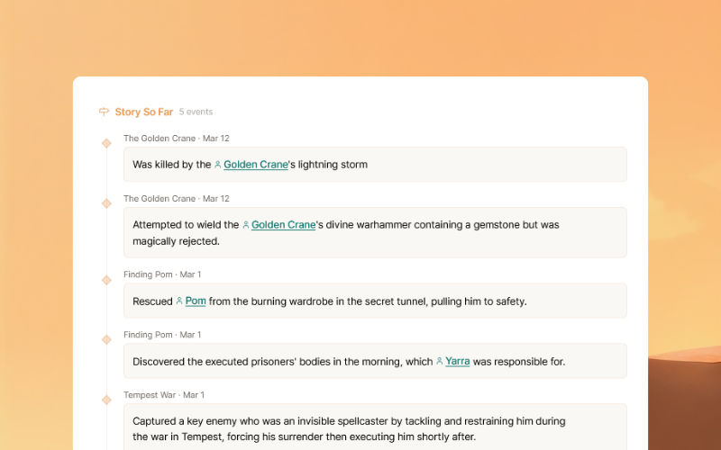 Character history timeline built automatically from session recordings
