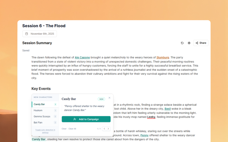 Entity page showing a new timeline entry added after a session
