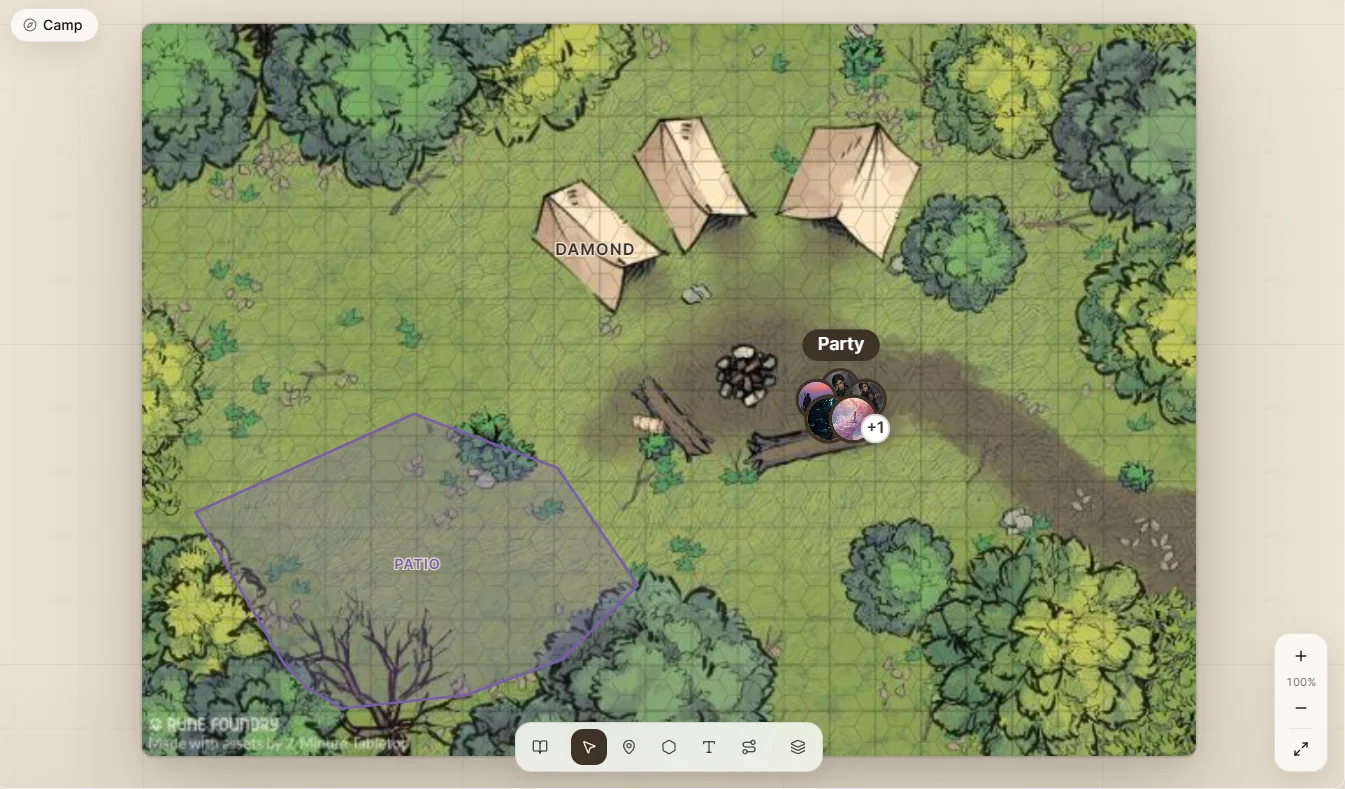 Saga20 interactive campaign map with a region, location marker, and party position